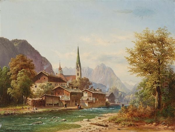 Mountain Village On The River Oil Painting by Anton Doll