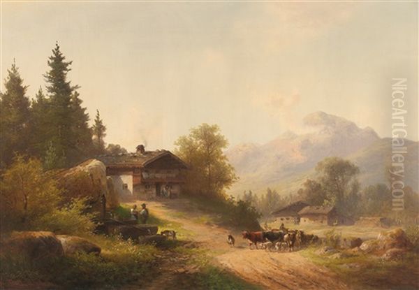 Farmstead In The Alpine Foothills Oil Painting by Anton Doll