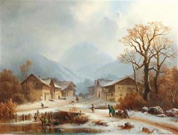 A Winter Village Landscape With Children Playing by Anton Doll