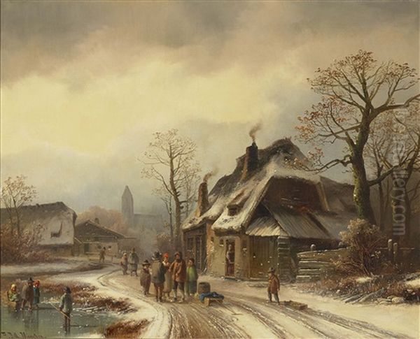 Winterliche Dorfstrase Oil Painting by Anton Doll