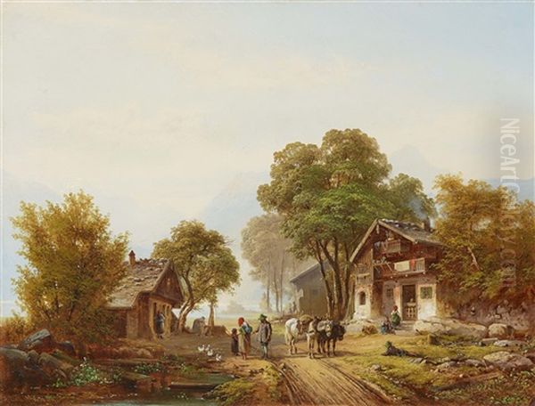 Bauernhauser Am Seeufer Oil Painting by Anton Doll