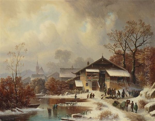 Winter Landscape With Returning Hunters Oil Painting by Anton Doll