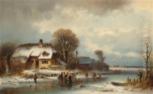 Winter Landscape With Ice Skaters Oil Painting by Anton Doll