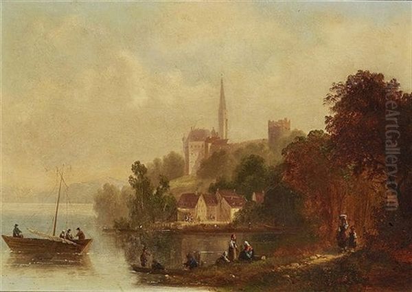 Shore Landscape With Ruins Of A Castle And A Church Tower Oil Painting by Anton Doll