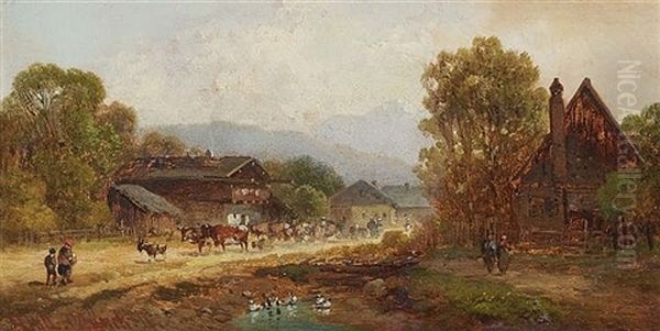 Cattle Drive In A Small Village Oil Painting by Anton Doll