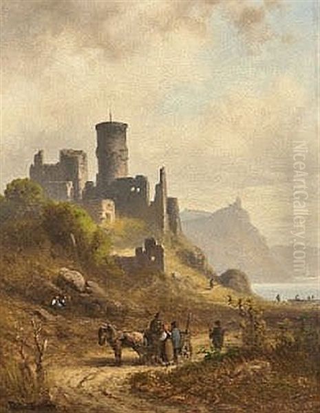 Pferdefuhrwerk Und Figurenstaffage Vor Burgruine Oil Painting by Anton Doll