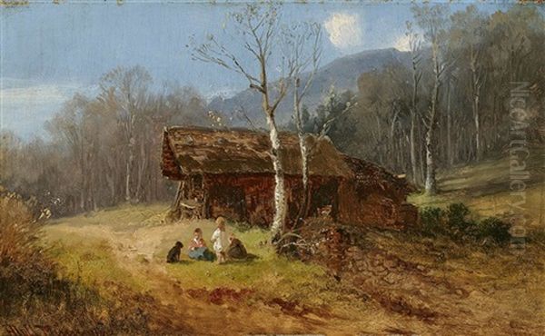 Children Near A Hut In The Alpine Upland Oil Painting by Anton Doll