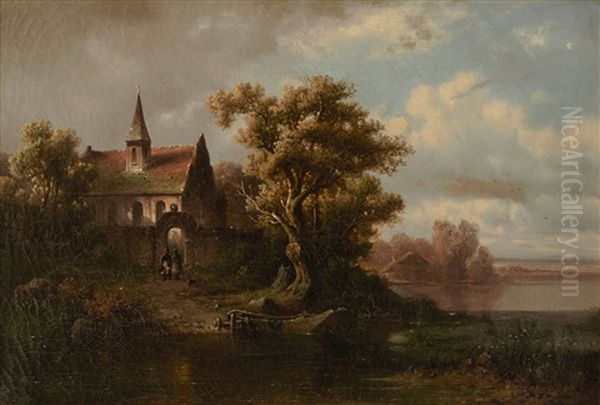 Kirche Am Ufer, Im Hintergrund Die Turme Der Frauenkirche Oil Painting by Anton Doll