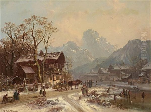 A Village In A Mountainous Winter Landscape Oil Painting by Anton Doll