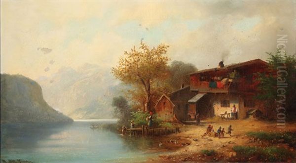 Alpine Lakeside Cottage Oil Painting by Anton Doll