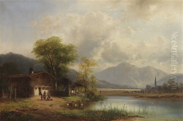 Oberbayerische Landschaft Mit Waschhaus Am See Oil Painting by Anton Doll