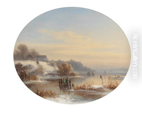 Winter Landscape With Ice-skaters Oil Painting by Anton Doll