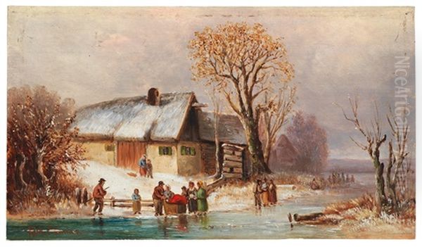 River Landscape In Winter With Decorative Figures Oil Painting by Anton Doll