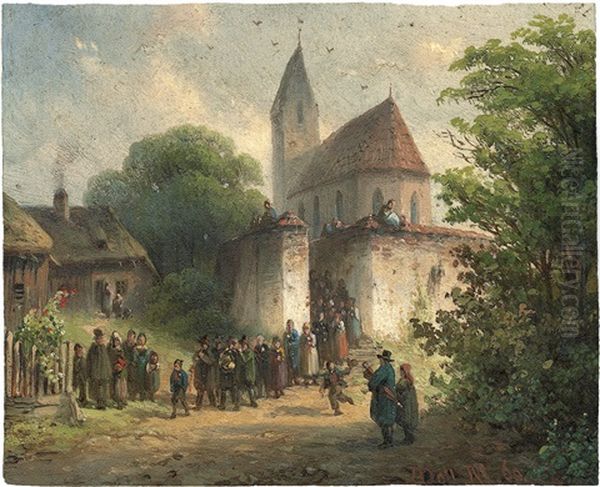 Frohlicher Hochzeitszug Vor Einer Dorfkirche Oil Painting by Anton Doll