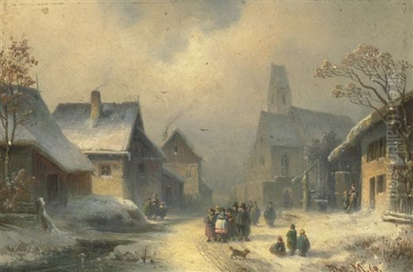 Winterliche Dorfstrase Mit Kirchgangern Oil Painting by Anton Doll