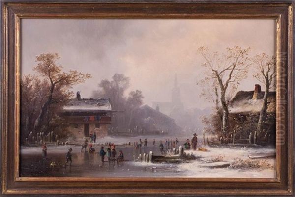 Winterliches Eisvergnugen Auf Zugefrorenem Teich Oil Painting by Anton Doll