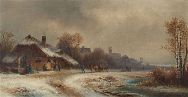 Winter Landscape With Peasants Oil Painting by Anton Doll