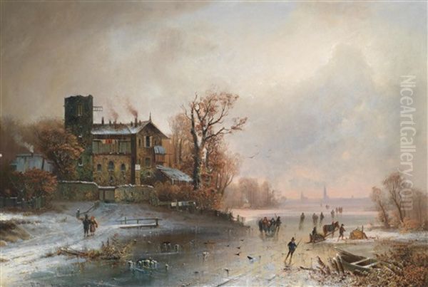 Winterlandschaft Mit Eislaufern Oil Painting by Anton Doll