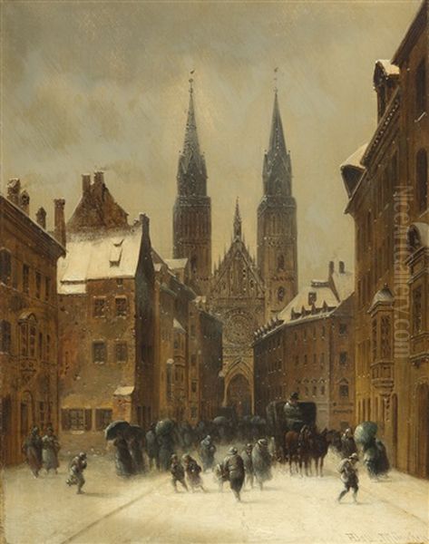 Nurnberg: Karolinenstrase Mit Lorenzkirche Im Winter Oil Painting by Anton Doll