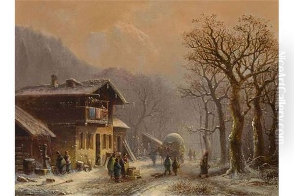 Winterliche Dorfstrase Mit Fuhrwerk Oil Painting by Anton Doll