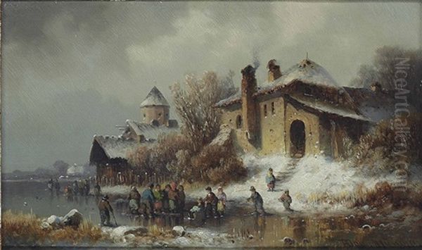 Figures On A Frozen River Close To A Village by Anton Doll