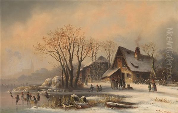 Schlittschuhlaufer Im Winterlichen Moorenweis Oil Painting by Anton Doll