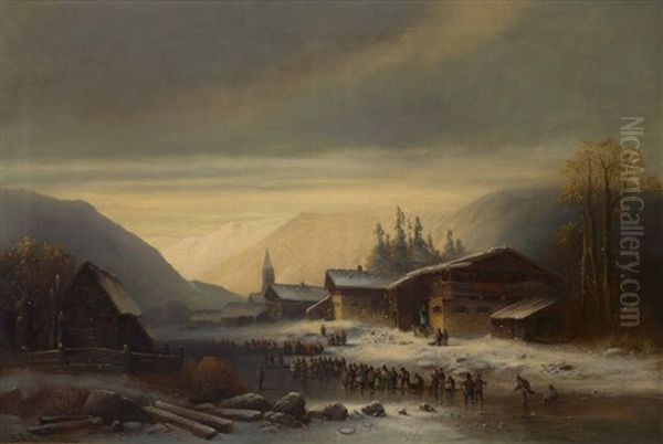 Winterliches Eisvergnugen In Einem Gebirgsdorf Oil Painting by Anton Doll