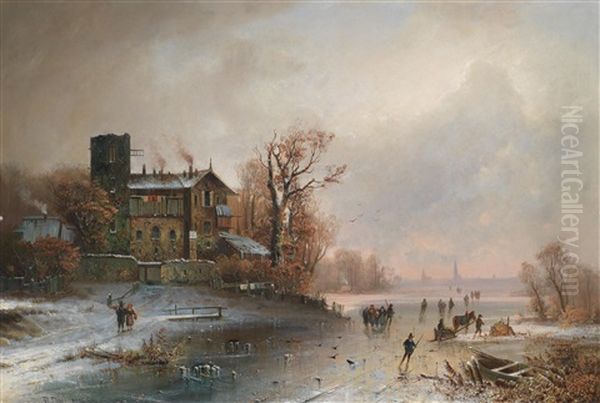 Winterlandschaft Mit Eislaufern Oil Painting by Anton Doll