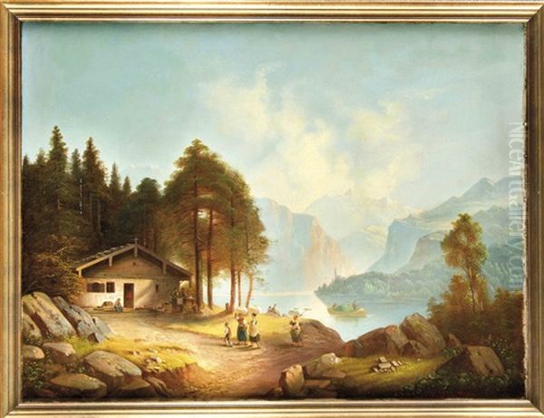 Romantische Alpenlandschaft Mit Hutte Am Bergsee Und Personenstaffage Oil Painting by Anton Doll