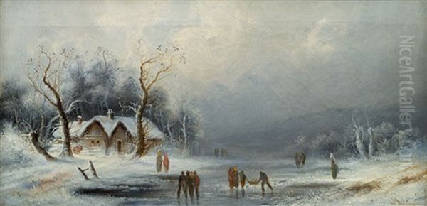 Winterlandschaft Mit See Oil Painting by Anton Doll