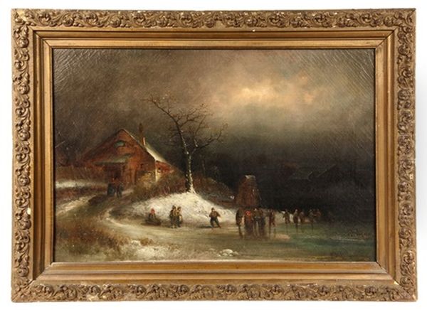 Winter Scene With Figures At Inn On Canal Oil Painting by Anton Doll