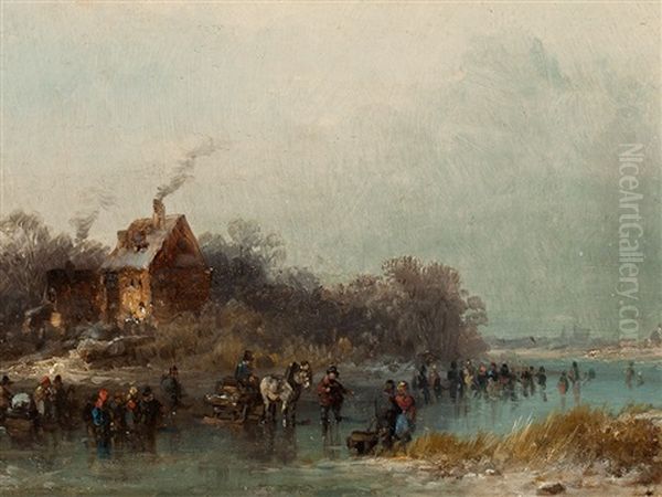 On A Frozen River Oil Painting by Anton Doll