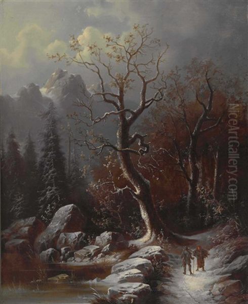 Begegnung In Winterlicher Gebirgslandschaft Oil Painting by Anton Doll