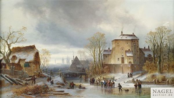 Winterliches Eisvergnugen Auf Dem Zugefrorenen Kanal Einer Stadt Oil Painting by Anton Doll