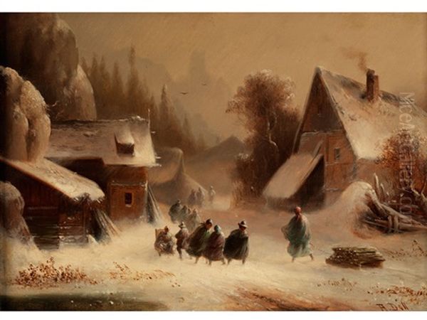 Schneetreiben In Einem Gebirgsdorf Oil Painting by Anton Doll