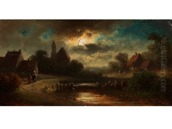 Dorfansicht In Der Abenddammerung Oil Painting by Anton Doll