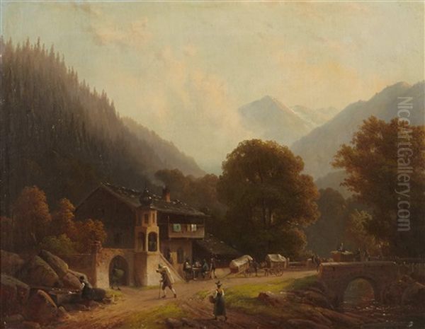 Figures On A Road In A Mountain Village Oil Painting by Anton Doll