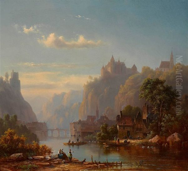 Flusslandschaft Mit Kleinem Stadtchen, Burg Und Bergkapelle Oil Painting by Anton Doll