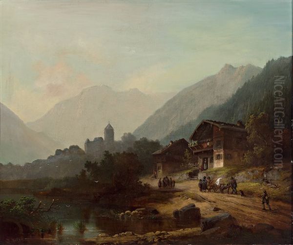 Tiroler Gebirgslandschaft Mit Festung Und Gehoften, Zahlreicher Personenstaffage Und Kleinem Gefahrt Oil Painting by Anton Doll