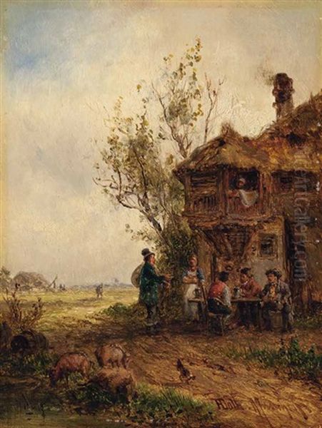 Drei Bauern Sitzen Vor Einem Wirtshaus Und Unterhalten Sich Mit Einer Jungen Magd, Daneben Ein Schweinehirte Oil Painting by Anton Doll