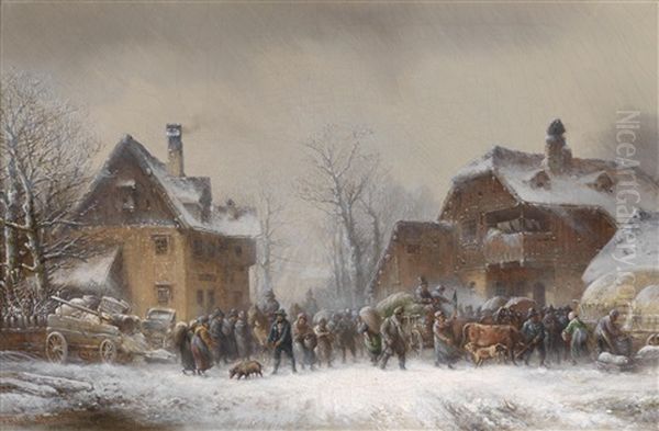 Reges Treiben In Einem Winterlich Verschneiten Dorf Oil Painting by Anton Doll