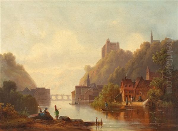 Flusslandschaft Mit Dorf Und Burg Oil Painting by Anton Doll