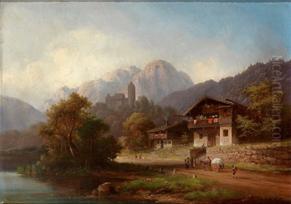 Tiroler Landschaft Mit Malerischem Gehoft Und Figurenstaffage Oil Painting by Anton Doll