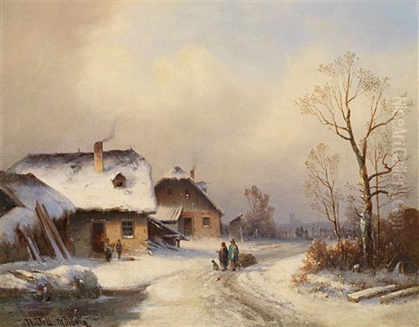 Verschneite Winterlandschaft Mit Malerischen Gehoften, Figurenstaffage Und Blick Auf Ferne Kirche Mit Doppelturmen (munchen?) by Anton Doll