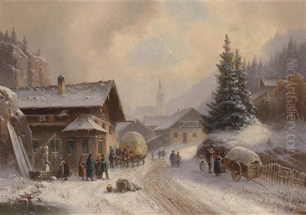 Dorfstrase Im Winter Oil Painting by Anton Doll