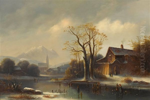 Eisvergnugen Auf Dem See Vor Einem Dorf Oil Painting by Anton Doll