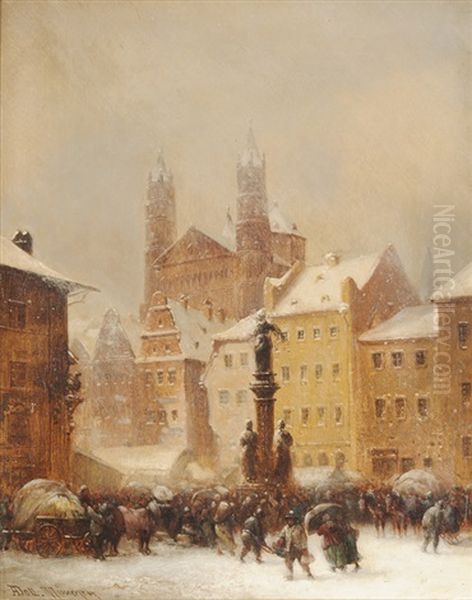 Marktplatz In Worms Im Winter Oil Painting by Anton Doll