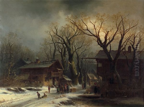 Winterliche Dorflandschaft Mit Kindern Beim Rodeln Oil Painting by Anton Doll