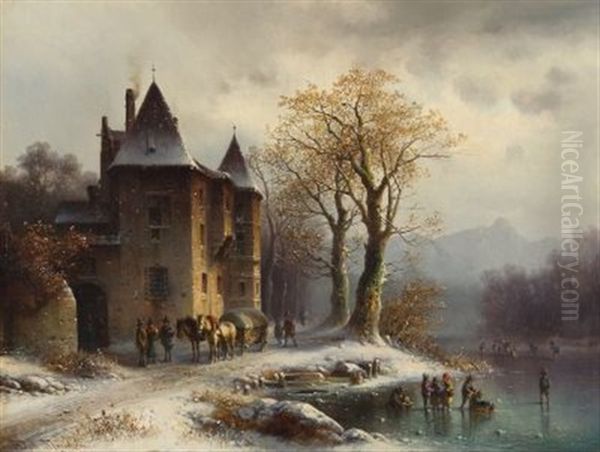 Winterliches Eisvergnugen Vor Einem Schloss Oil Painting by Anton Doll