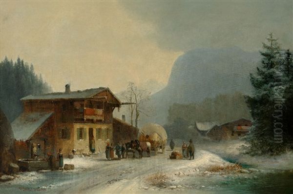 Winterliche Berglandschaft Mit Alter Strase Und Lebhaftem Treiben Vor Einem Gutshof Oil Painting by Anton Doll